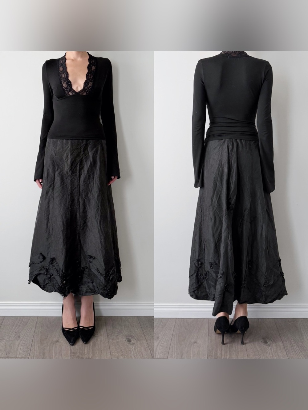 1905 Edwardian black silk taffeta walking skirt